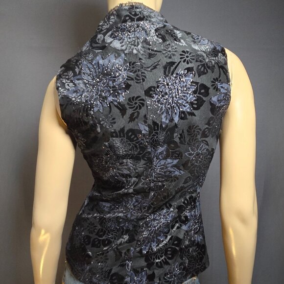Vintage 90s Y2K  Black Flocked Velvet Top Size M Sleeveless Glitter Whimsigoth - Picture 6 of 9